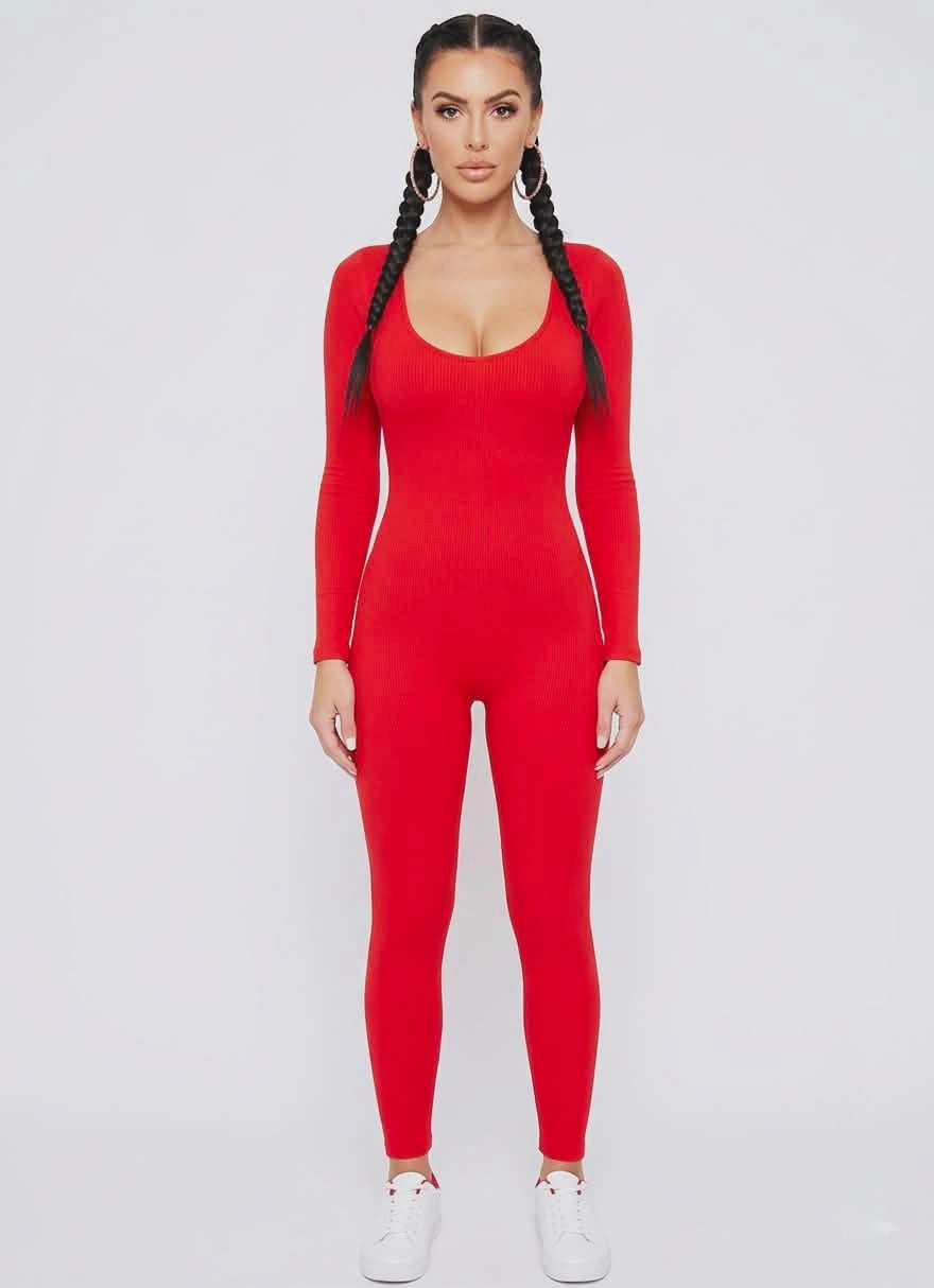 Option 1 (Catchy & SEO-friendly): Chic Ribbed Long Sleeve Jumpsuit – Fitted Scoop Neck Bodysuit