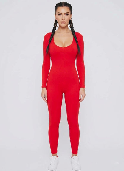 Option 1 (Catchy & SEO-friendly): Chic Ribbed Long Sleeve Jumpsuit – Fitted Scoop Neck Bodysuit
